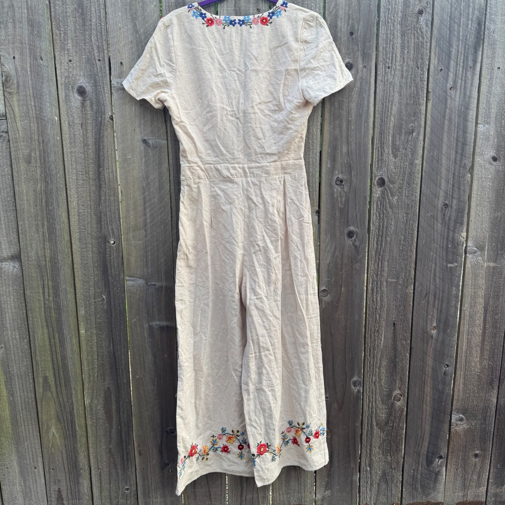 Anthropologie JOA Embroidered Tie Front Jumpsuit Large Beige Floral Wide Leg - Picture 6 of 16